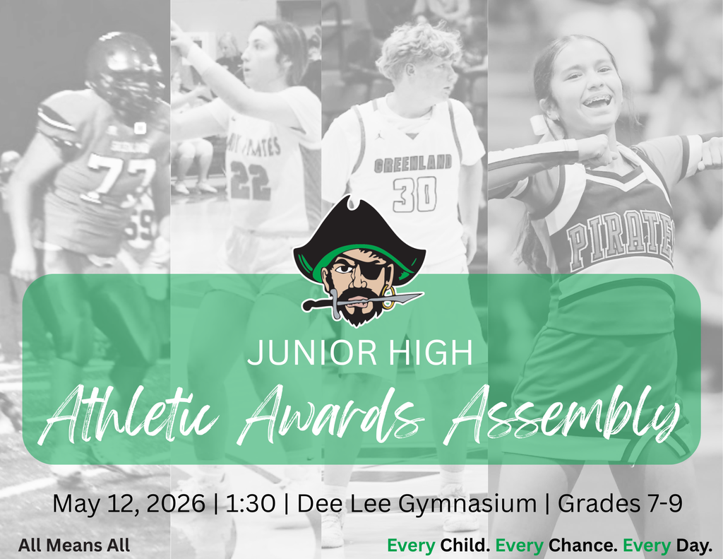 junior high athletic awards assemble may 12, 2026 1:30 dee lee gymnasium grades 7-9 with athlete pictures in background and pirate mascot