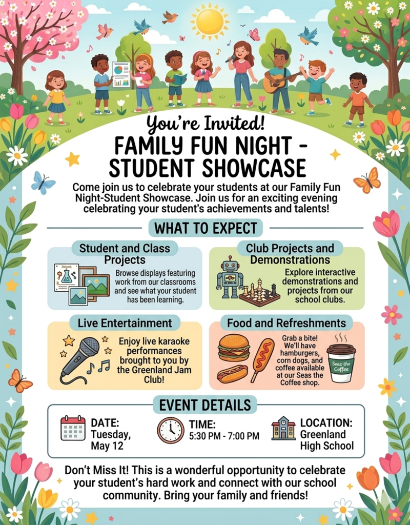 youre invited family fun night students showcase to celebrate student achievement what to expect student and class project displays, club projects and demonstrations, live entertainment from Jam Club food refreshments, burgers corndogs and coffee May 12 5:30-700 in greenland high school 