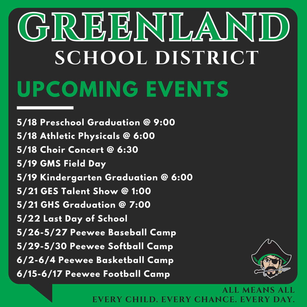 5/18 Preschool Graduation @ 9:00 5/18 Athletic Physicals @ 6:00 5/18 Choir Concert @ 6:30 5/19 GMS Field Day 5/19 Kindergarten Graduation @ 6:00 5/21 GES Talent Show @ 1:00 5/21 GHS Graduation @ 7:00 5/22 Last Day of School 5/26-5/27 Peewee Baseball Camp 5/29-5/30 Peewee Softball Camp 6/2-6/4 Peewee Basketball Camp 6/15-6/17 Peewee Football Camp