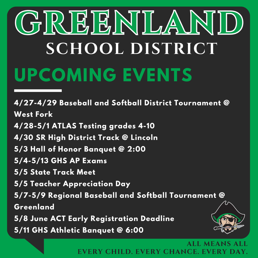 GSD Upcoming events 4/27-4/29 Baseball and Softball District Tournament @ West Fork 4/28-5/1 ATLAS Testing grades 4-10 4/30 SR High District Track @ Lincoln 5/3 Hall of Honor Banquet @ 2:00 5/4-5/13 GHS AP Exams 5/5 State Track Meet 5/5 Teacher Appreciation Day 5/7-5/9 Regional Baseball and Softball Tournament @ Greenland 5/8 June ACT Early Registration Deadline 5/11 GHS Athletic Banquet @ 6:00