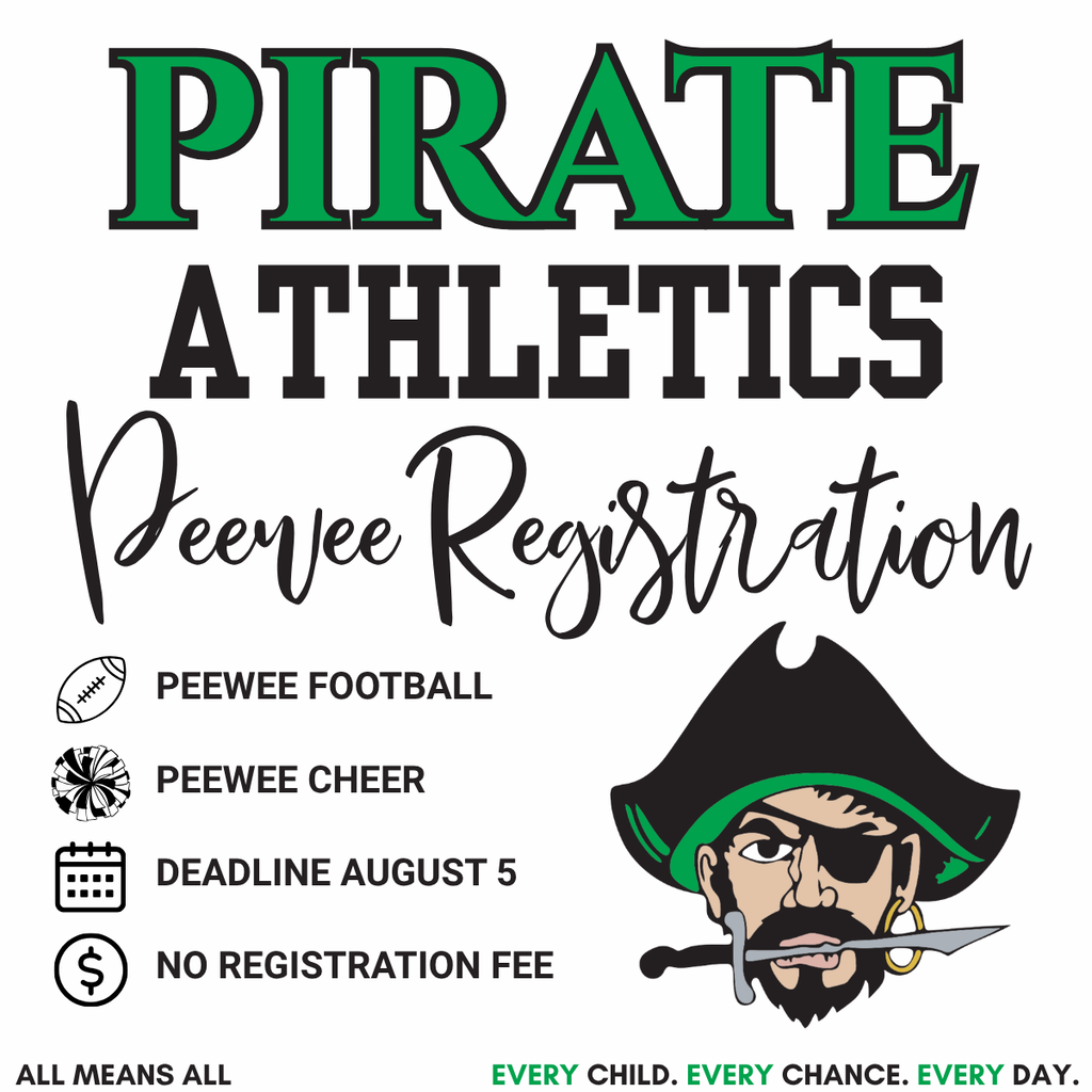 pirate athletics peewee registration peewee football peewee cheer deadline august 5 no registration fee with pirate logl