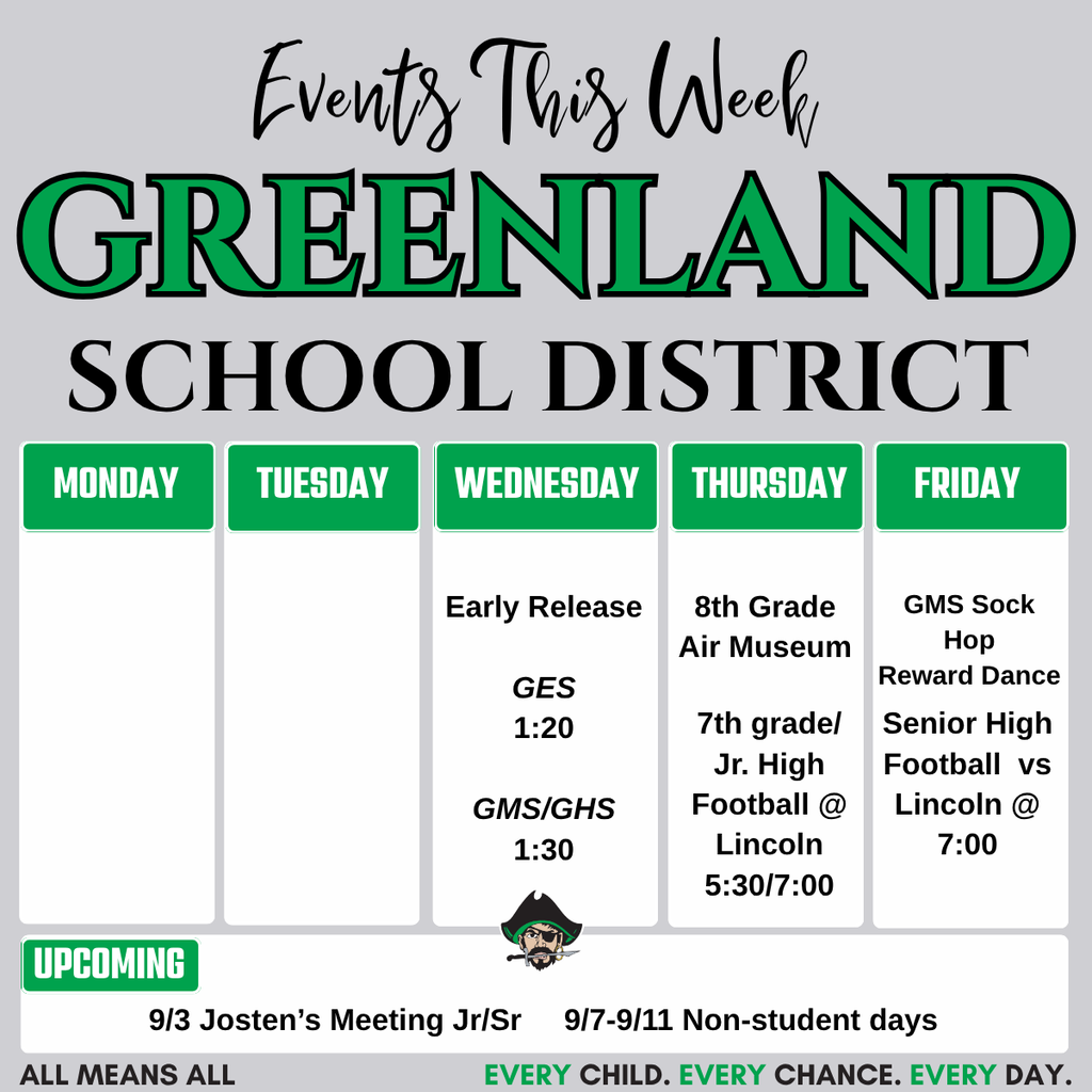 events this week greenland school district with logo early release wednesday ges 120 gms/ghs 130 thursday 8th grade air museum 7th grade and jr high football at lincoln 5:30/7 friday gms sock hop reward dance senior high football vs lincoln 7