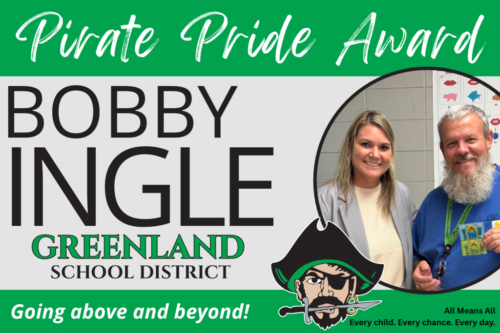pirate pride award bobby ingle greenland school district going above and with pirate mascot and 2 people