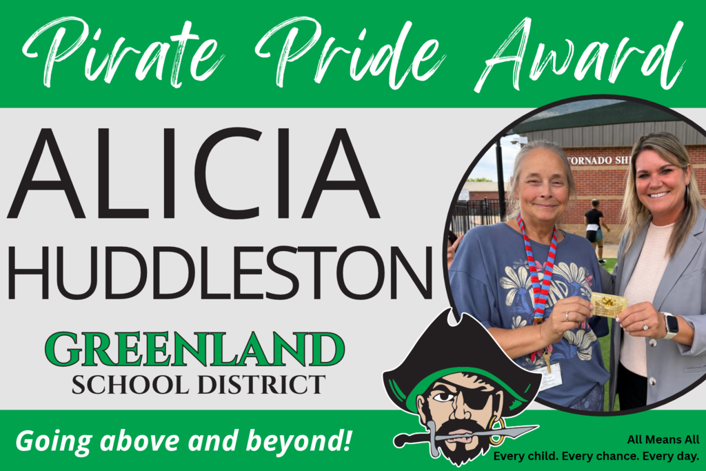 pirate pride award alicia huddleston greenland school district going above and with pirate mascot and 2 people