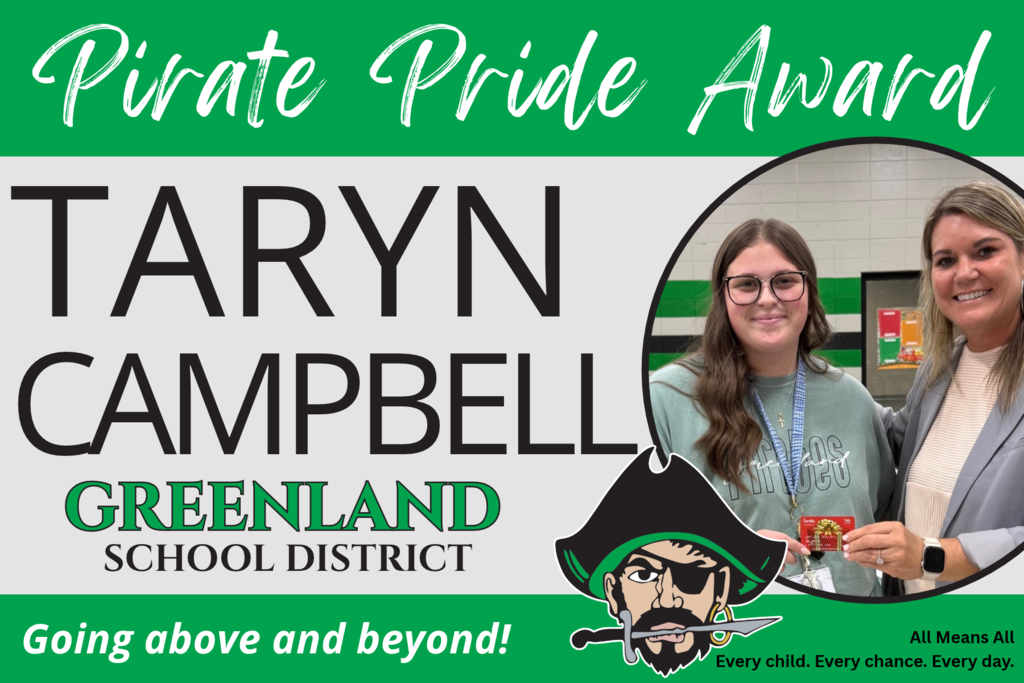pirate pride award taryn campbell greenland school district going above and with pirate mascot and 2 people