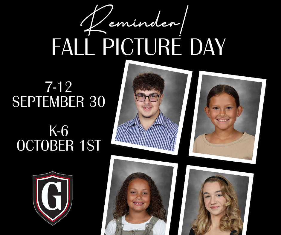Picture Days are set. Grades 7–12: Monday, September 30 Grades K–6: Tuesday, October 1