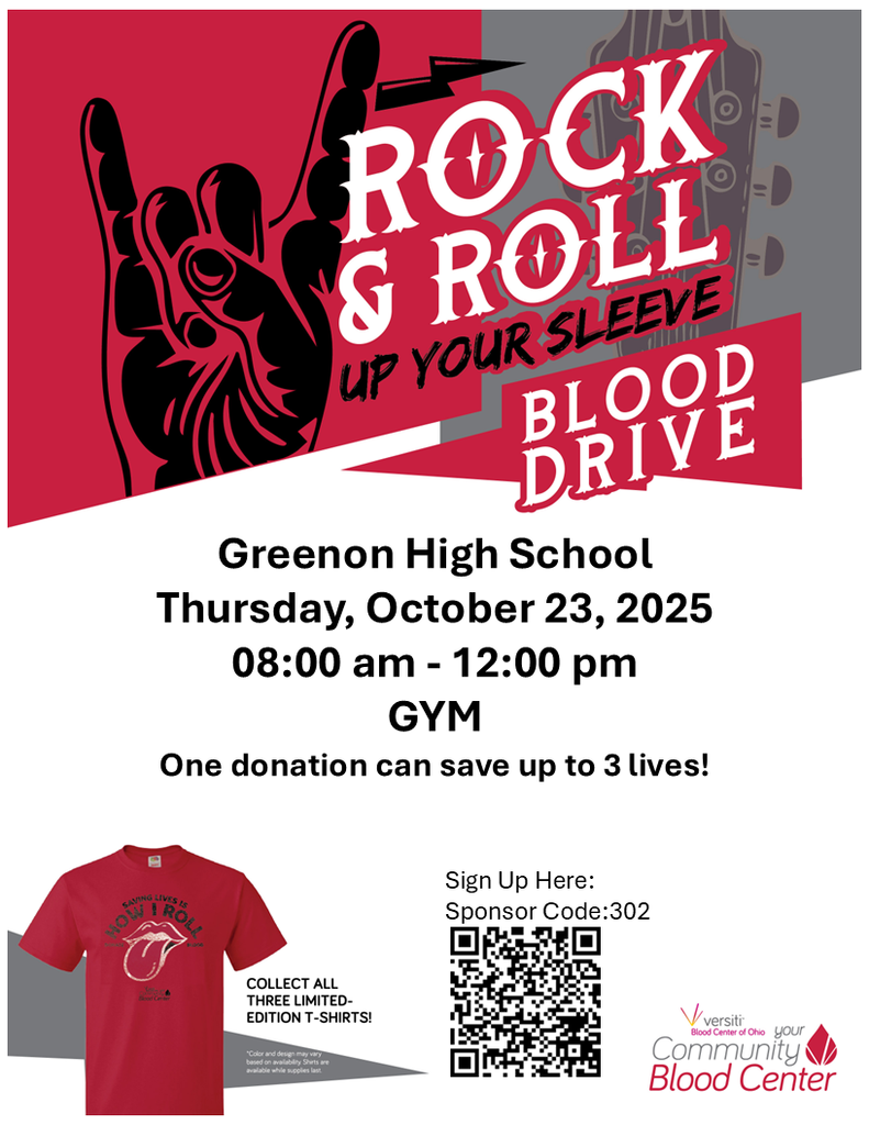 Join the Green FFA for a Blood Drive! Greenon High School Thursday, October 23, 2025 08:00 am - 12:00 pm One donation can save up to 3 lives!