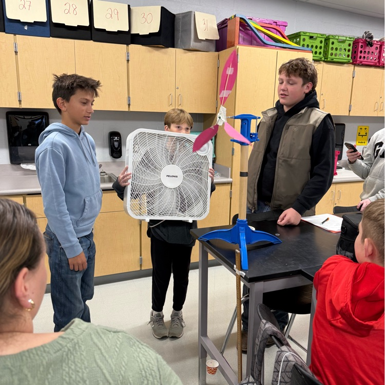 students with fans blowing projects