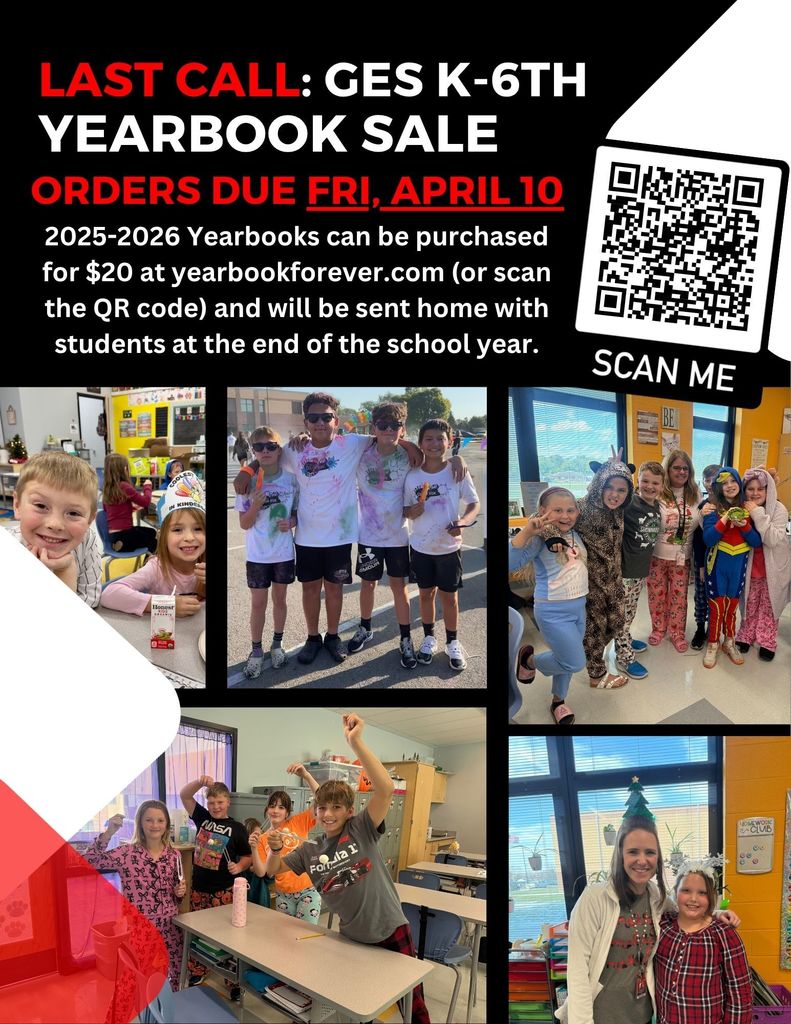 Advertisement for yearbooks. Photos of children in various poses. Scannable QR code. Text in red and black.