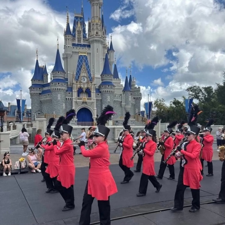 marching band marching in street between building