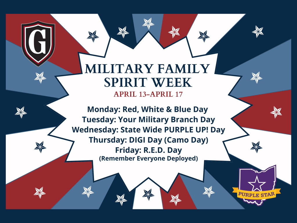 Poster with "Military Family Spirit Week" header. Dates: April 13-17. Themes include Red, White & Blue Day; Military Branch Day; Purple Up Day.