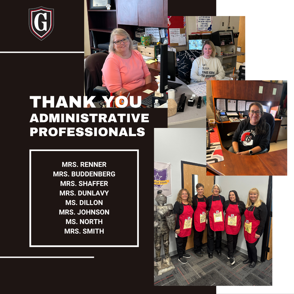 Collage of administrative professionals. Names of six staff members listed. One woman standing in front of others in aprons.