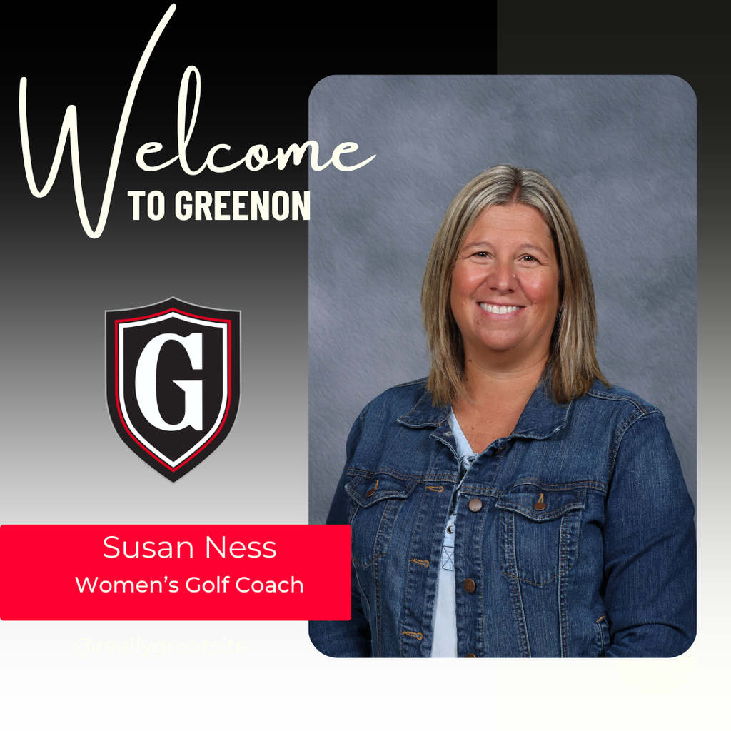 A smiling woman with short blonde hair stands against a gray background. Text reads "Welcome to Greenon". She wears a denim jacket.
