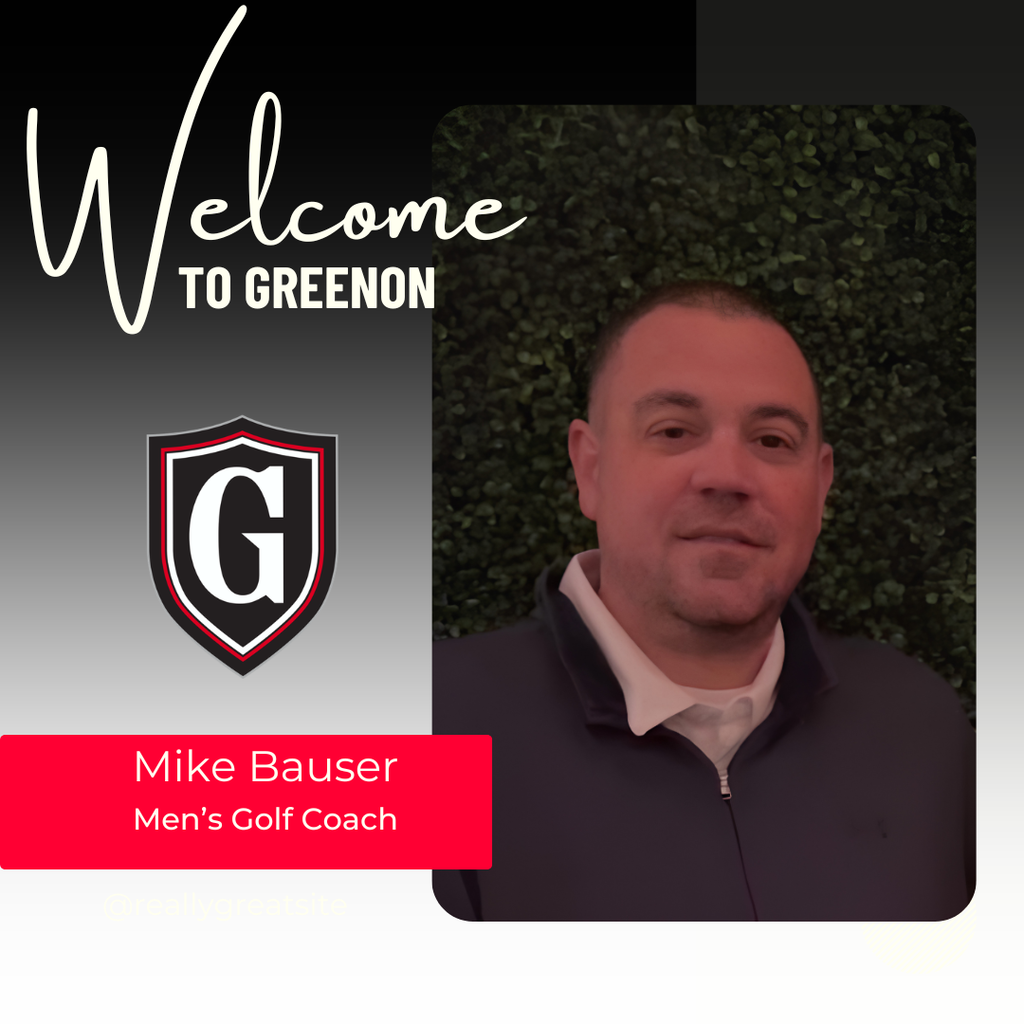 Black and white photo of man in black jacket. The caption reads, "Welcome to Greenon". A logo and "Mike Bauser Men's Golf Coach" appear.