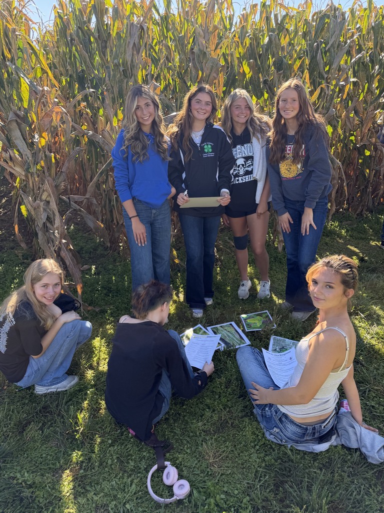 Several girls are gathered around a display of books in a corn field. Some sit, others stand.