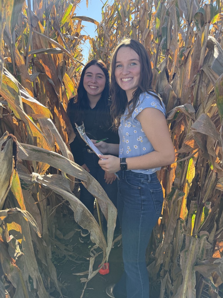 Two women standing in a corn maze, one holding a paper, sunny day. Bright sun.