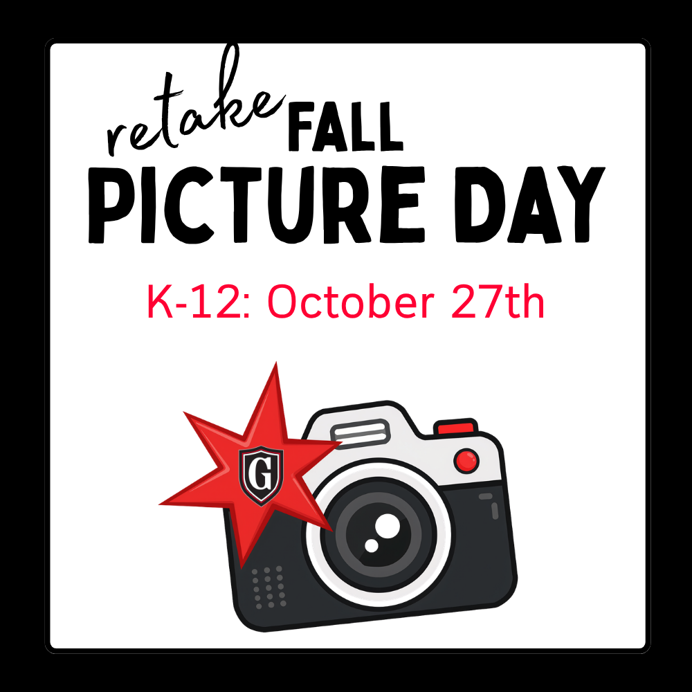 A white background displays red text reading "retake FALL PICTURE DAY" with a camera graphic and star icon.