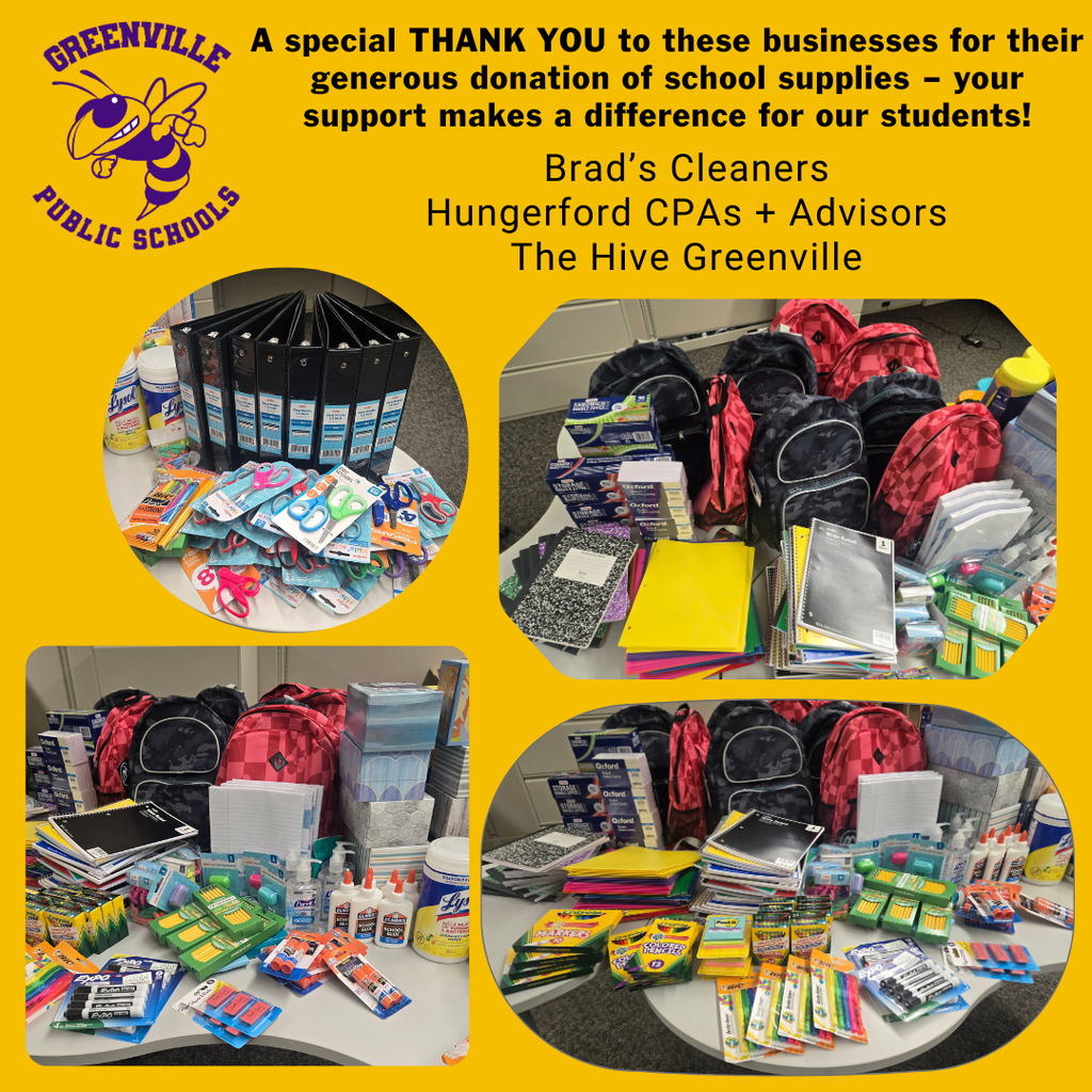 2025 Thank You for the School Supply Donations - Brad's Cleaners, Hungerford CPAs + Advisors and The Hive Greenville