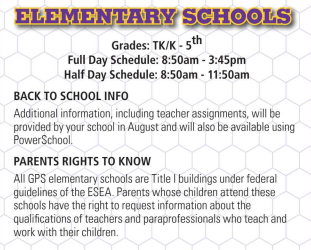 GPS Elementary Schools Back to School Info