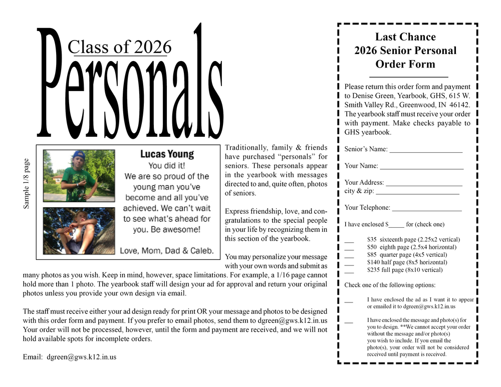 Senior Personals - Sept. 5 Last Chance