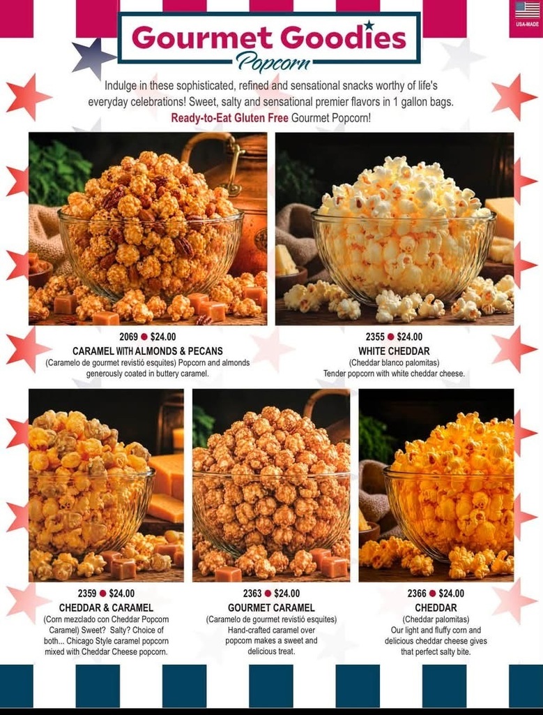 A flyer featuring gourmet popcorn with different flavors and prices. It includes images of popcorn in bowls.