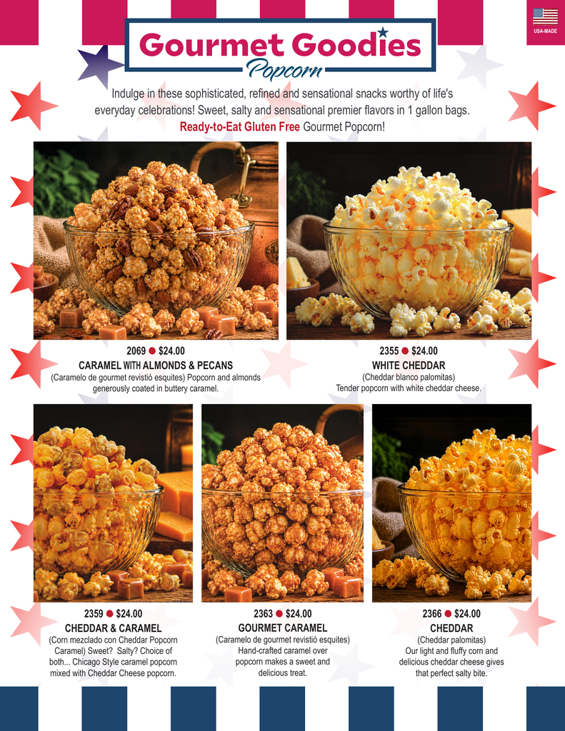 An advertisement for Gourmet Goodies Popcorn with images of popcorn varieties, including Caramel, Cheddar, and White Cheddar.
