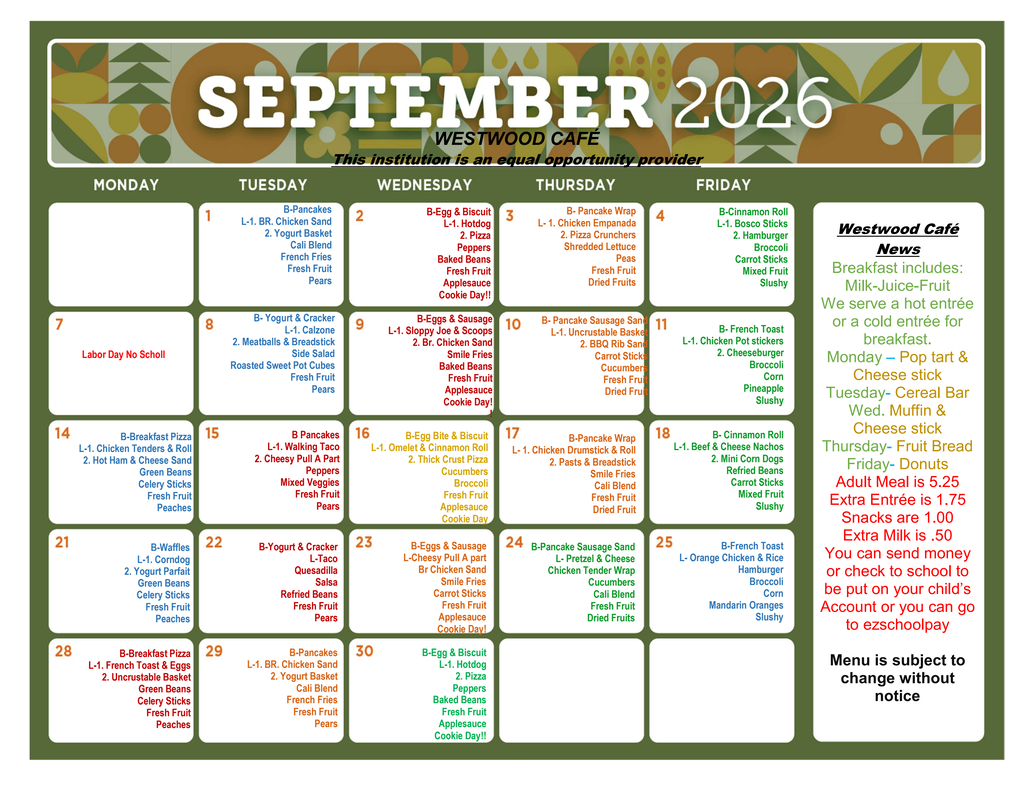 A calendar for September 2026 with food items listed in different colored fonts against a green background.
