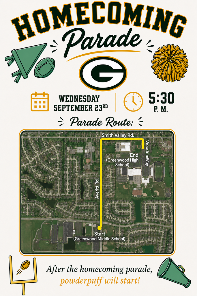 Poster with a map showing the route of the Homecoming Parade. Date: Wednesday, September 23, time 5:30 P.M.