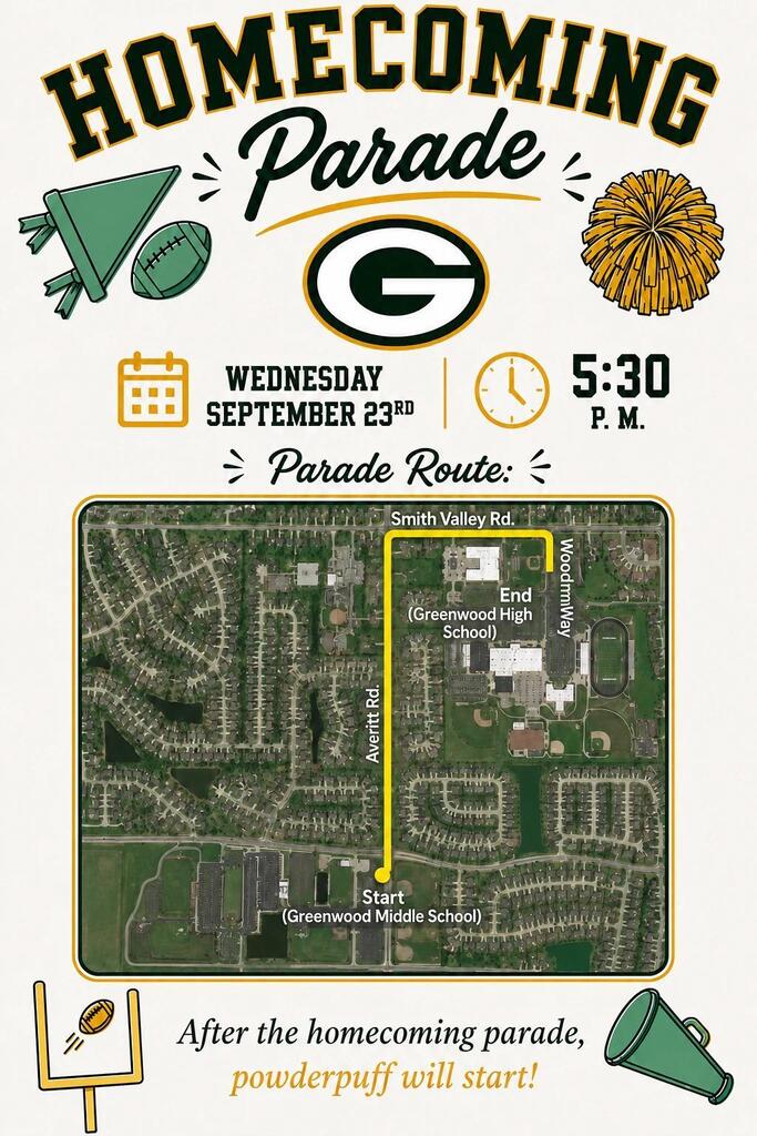 Homecoming parade event on September 23. Parade starts at 5:30 P.M. from Greenwood Middle School.