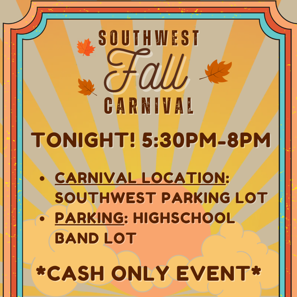 An event flyer displays "Southwest Fall Carnival" with event time, location, and parking details, featuring autumn leaves and a sunburst background.