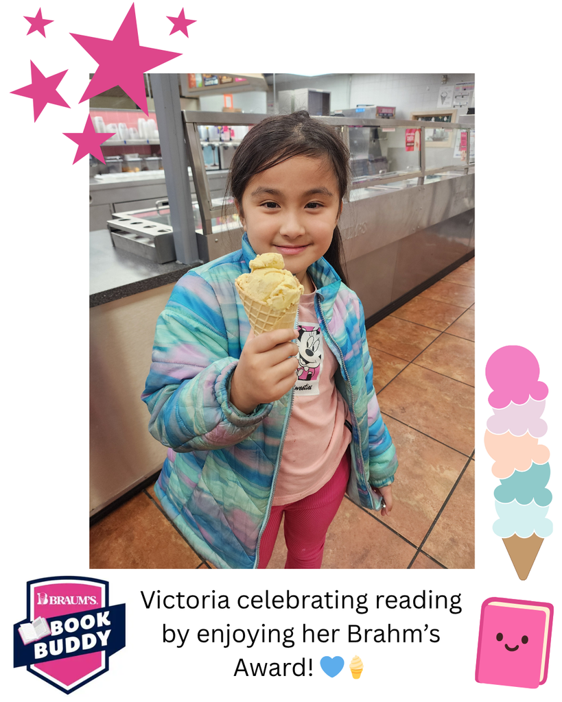 Victoria celebrating reading by enjoying her Brahm's Award!
