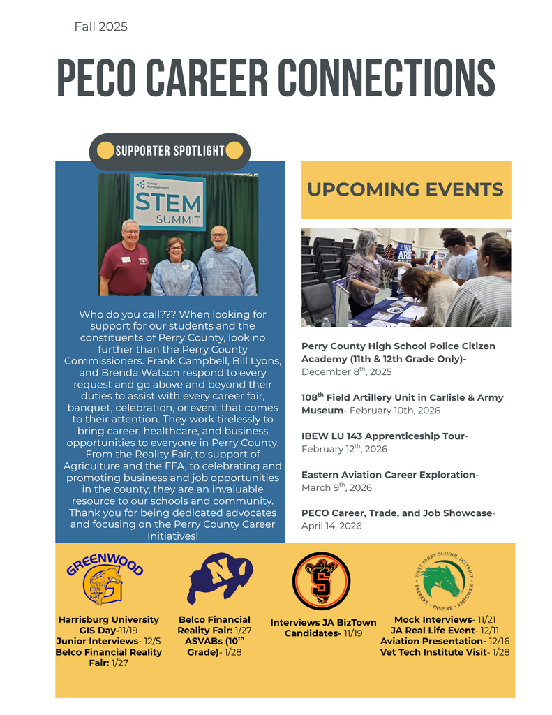 Upcoming events include the State Police Citizen Academy, Tours of the Army Field Artillery Unit and Aviations at Fort Indiantown Gap, IBEW Apprenticeship Tour, and the PECO Career, Trade, and Job Showcase. Contact Mrs. Brummer if any of these would be of interest to your student.