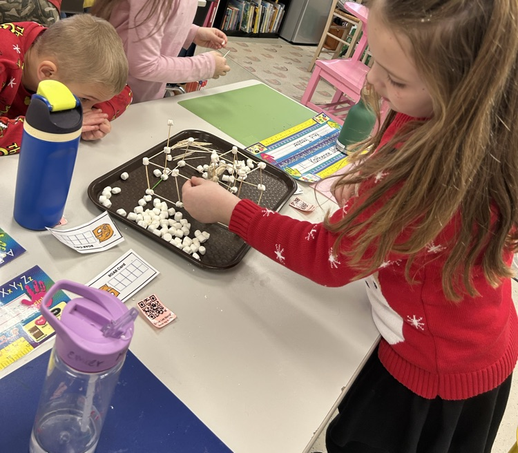a female students works to create an igloo for a clay made Arctic hare out of toothpicks and marshmallows 