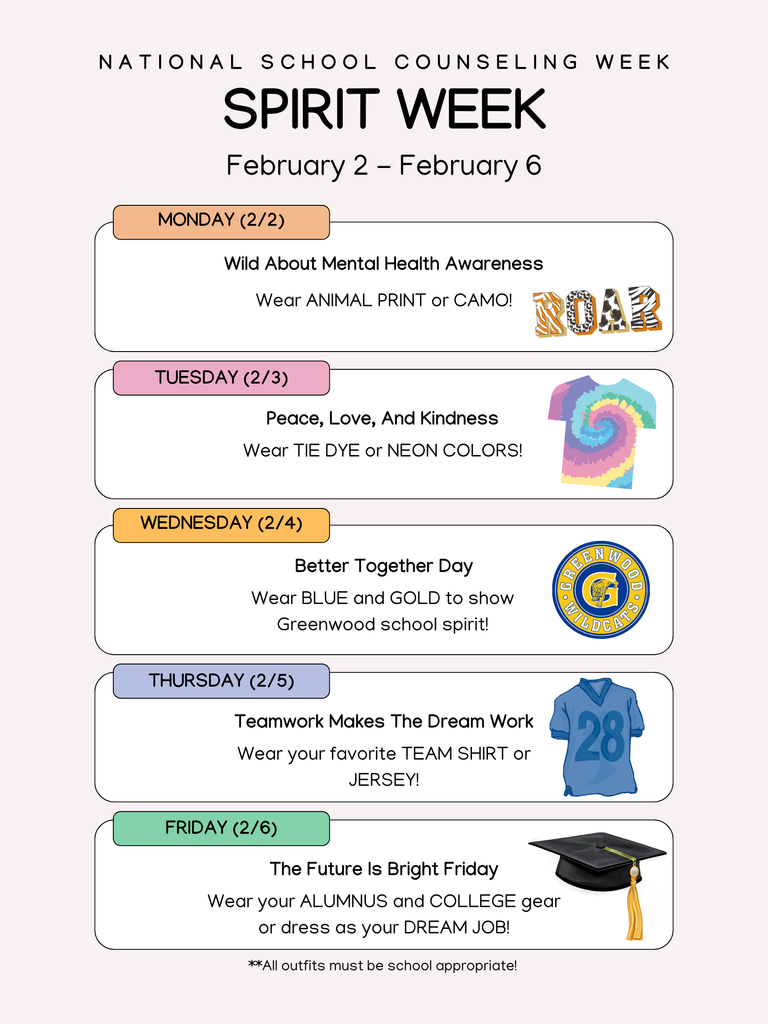 Colorful graphic describing National School Counseling Spirit Week