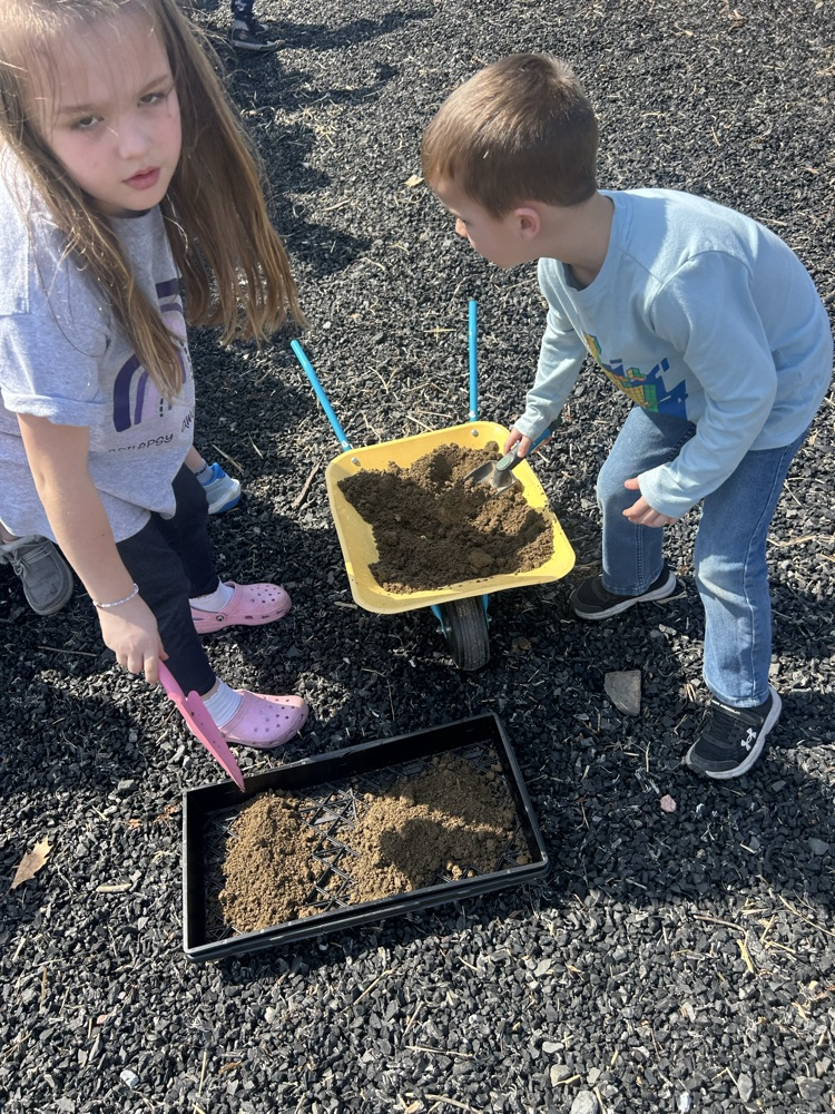 students use dirt from a small wheelbarrow with shovels to fill their greenhouse 
