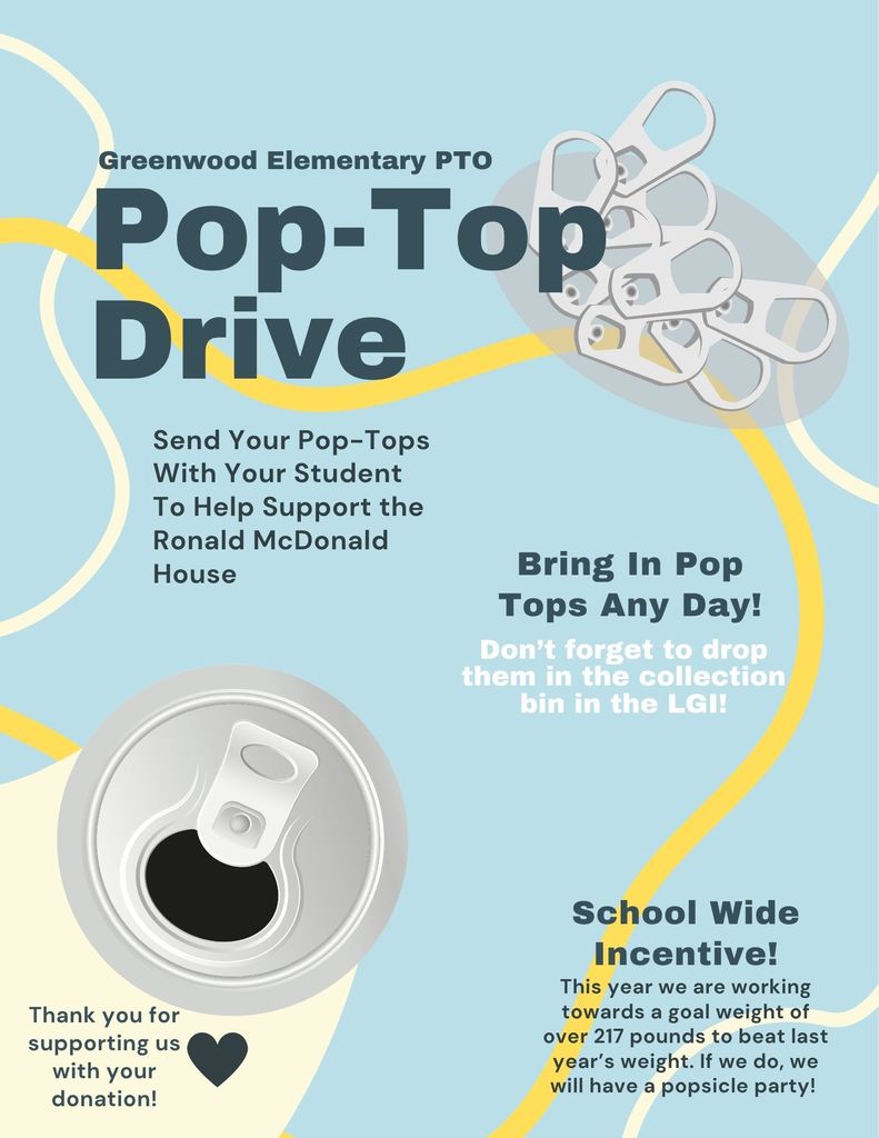 pop top drive graphic, sharing information regarding when to bring tops in and what the school wide prize is