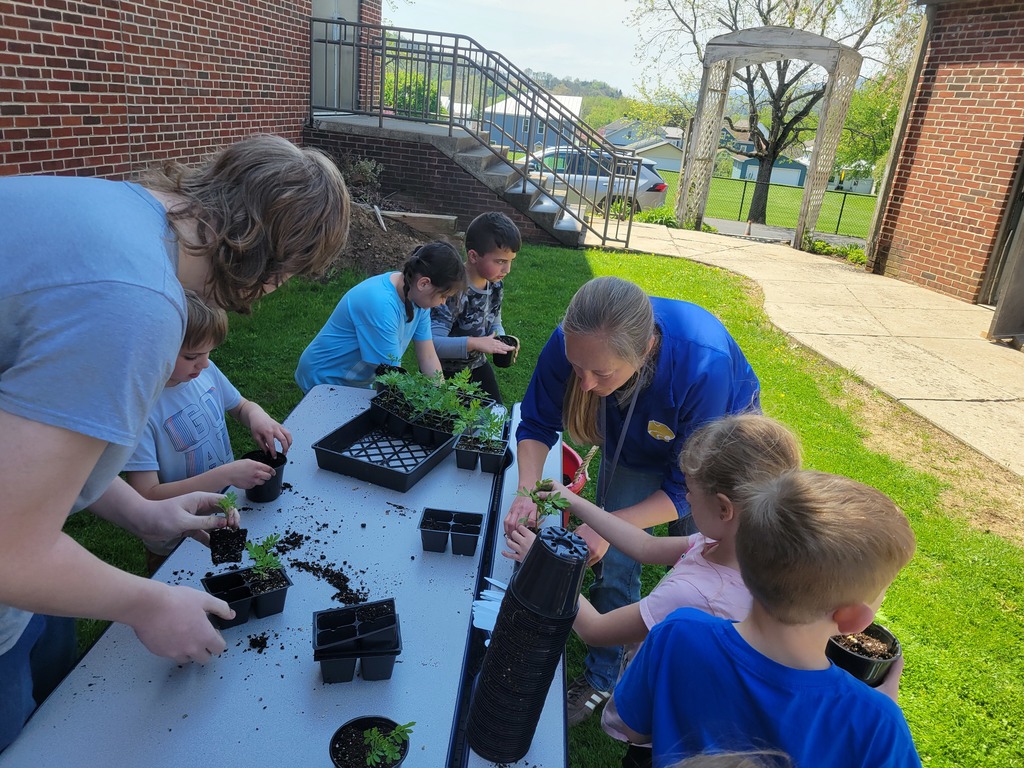 Outdoors beside a brick building, several children and adults work at a table planting small seedlings into black plastic pots, with soil trays and young plants spread across the table and grass surrounding the area.