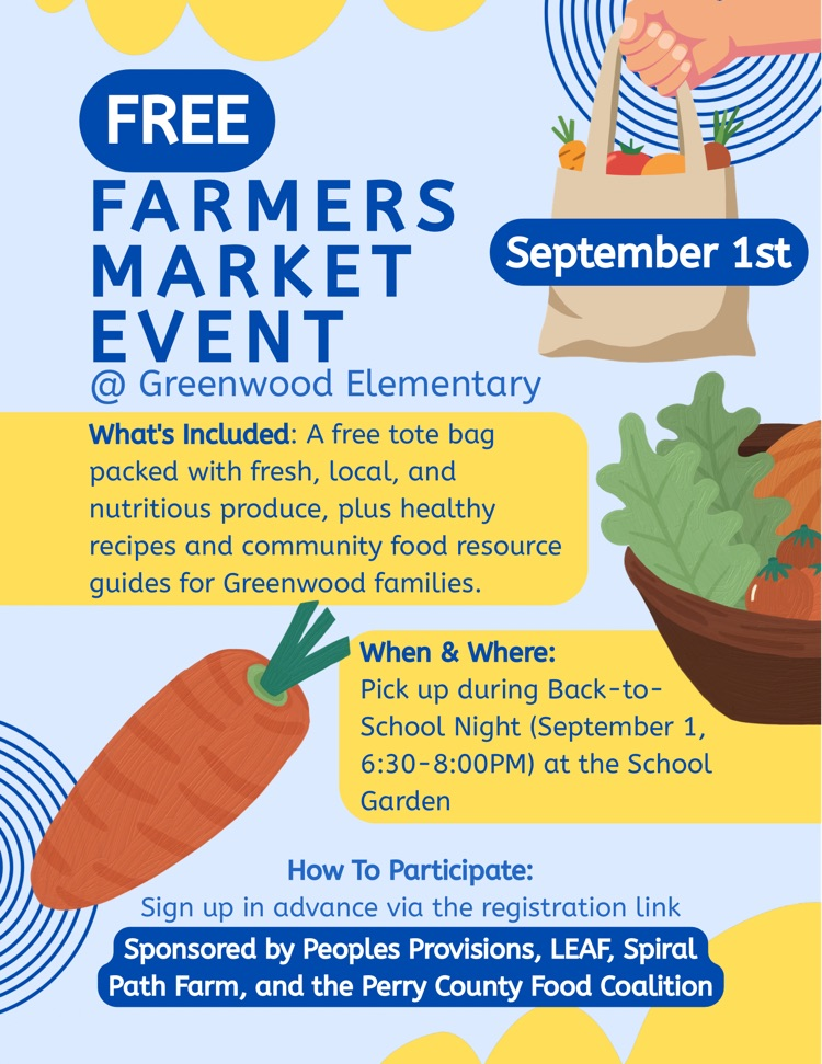 blue and yellow flyer with vegetables describing a farmers market event