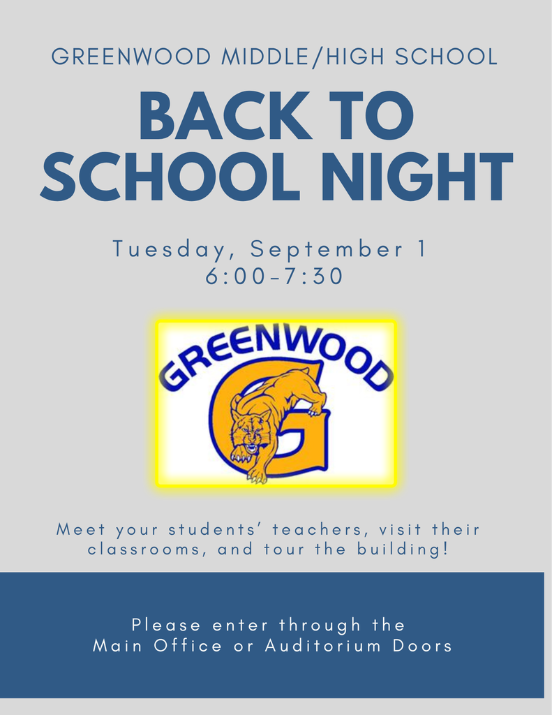 Greenwood Middle/High School Back to School Night flyer