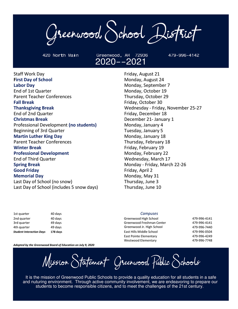 2020-21 School Calendar | East Hills Middle School