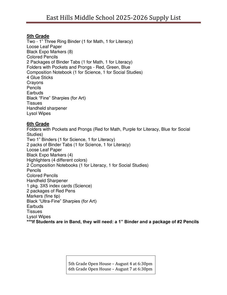 East Hills supply list