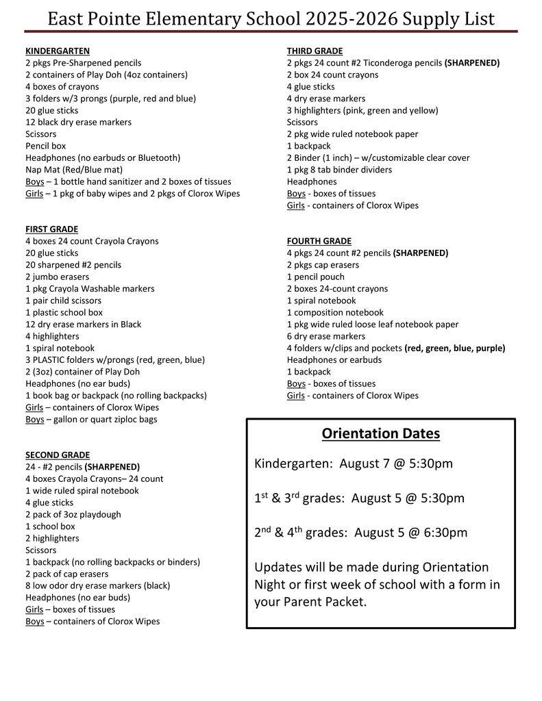 East Pointe supply list