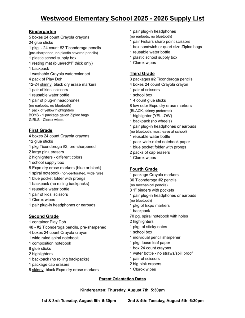 Westwood supply list