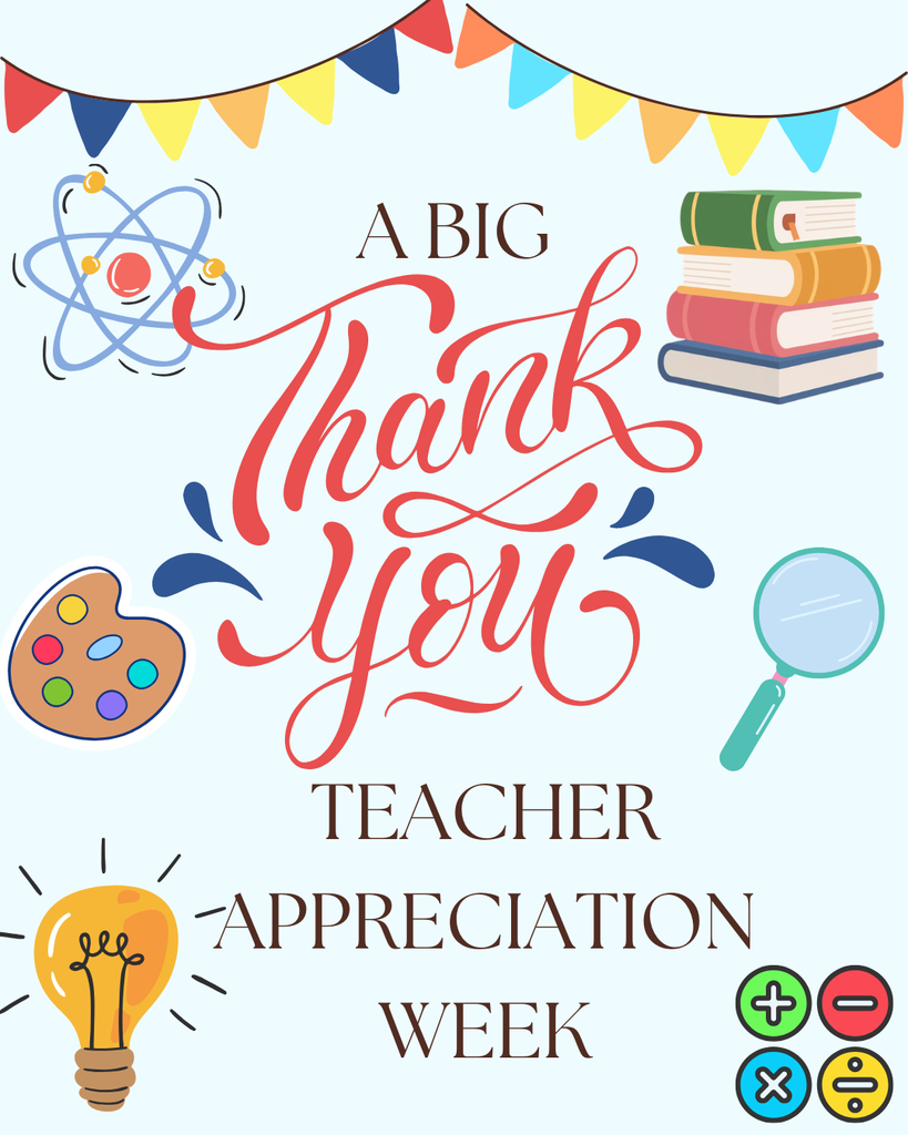 poster with books, calculator buttons, light bulb, paint palette, and magnifying glass with Thank you