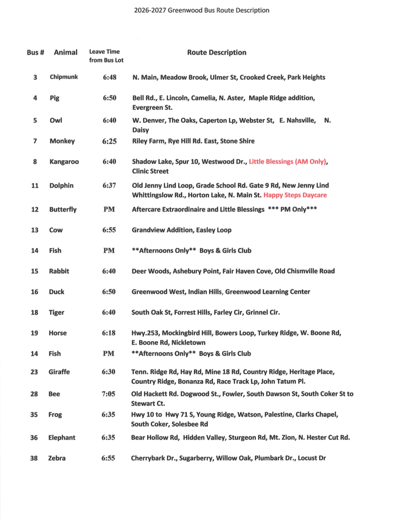 2026–2027 Bus Route Description List