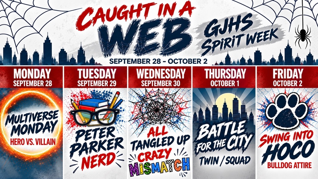 Dress Up Days for Spirit Week 2026.  Monday: Hero vs. Villian , Tuesday:  Peter Parker Day (Nerd Day), Wednesday: Mismatch Day, Thursday: Twin Day / Squad Day,  Friday:  Bulldog Attire