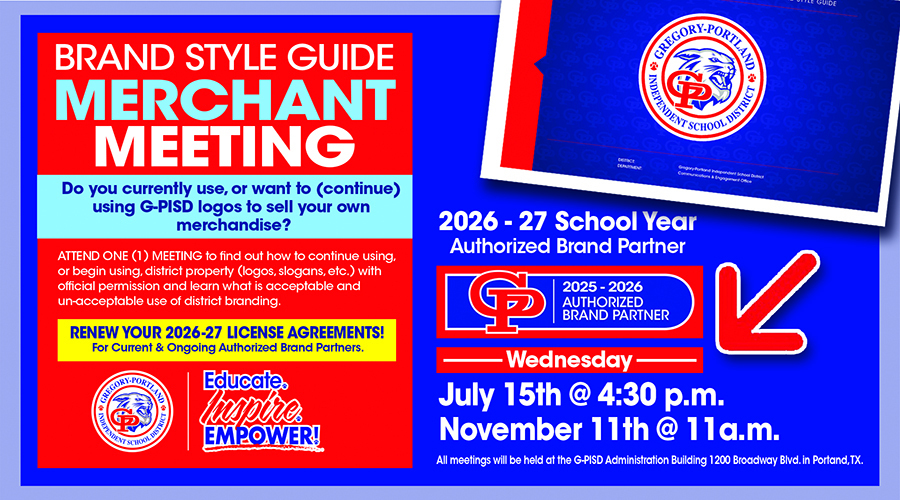 Flyer for a “Brand Style Guide Merchant Meeting” with dates, times, and details for authorized school brand partners.