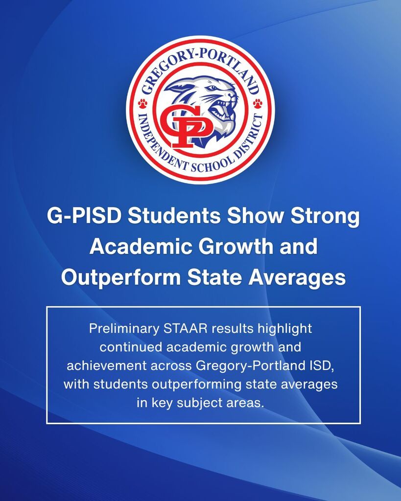 A blue graphic with a circular Gregory-Portland Independent School District logo centered at the top, featuring a wildcat mascot and the letters “GP” in red and blue. Below the logo, large white text reads: “G-PISD Students Show Strong Academic Growth and Outperform State Averages.” Beneath the headline, a white-outlined box contains smaller text stating: “Preliminary STAAR results highlight continued academic growth and achievement across Gregory-Portland ISD, with students outperforming state averages in key subject areas.” The background features abstract, flowing wave patterns in varying shades of blue.