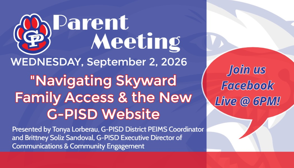 Parent meeting announcement with details for accessing new G-PISD website and Facebook live