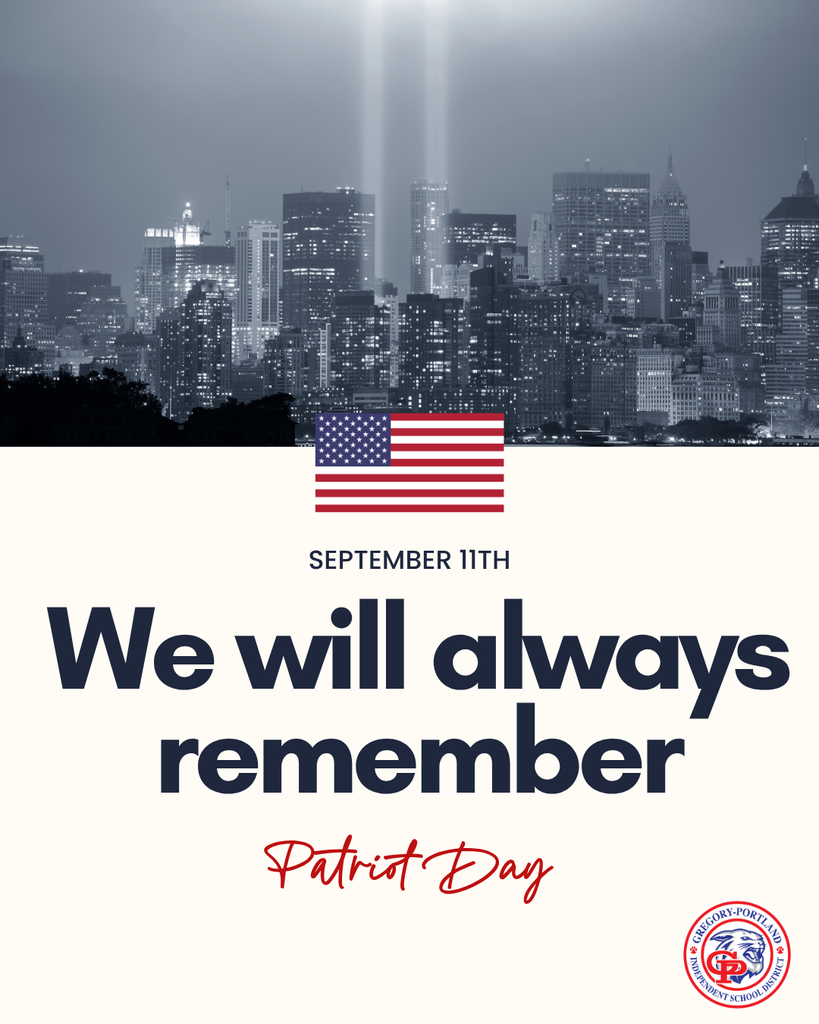 Cityscape of tall skyscrapers with bright searchlights in the night sky. Text overlay: "September 11th We will always remember Patriot Day"